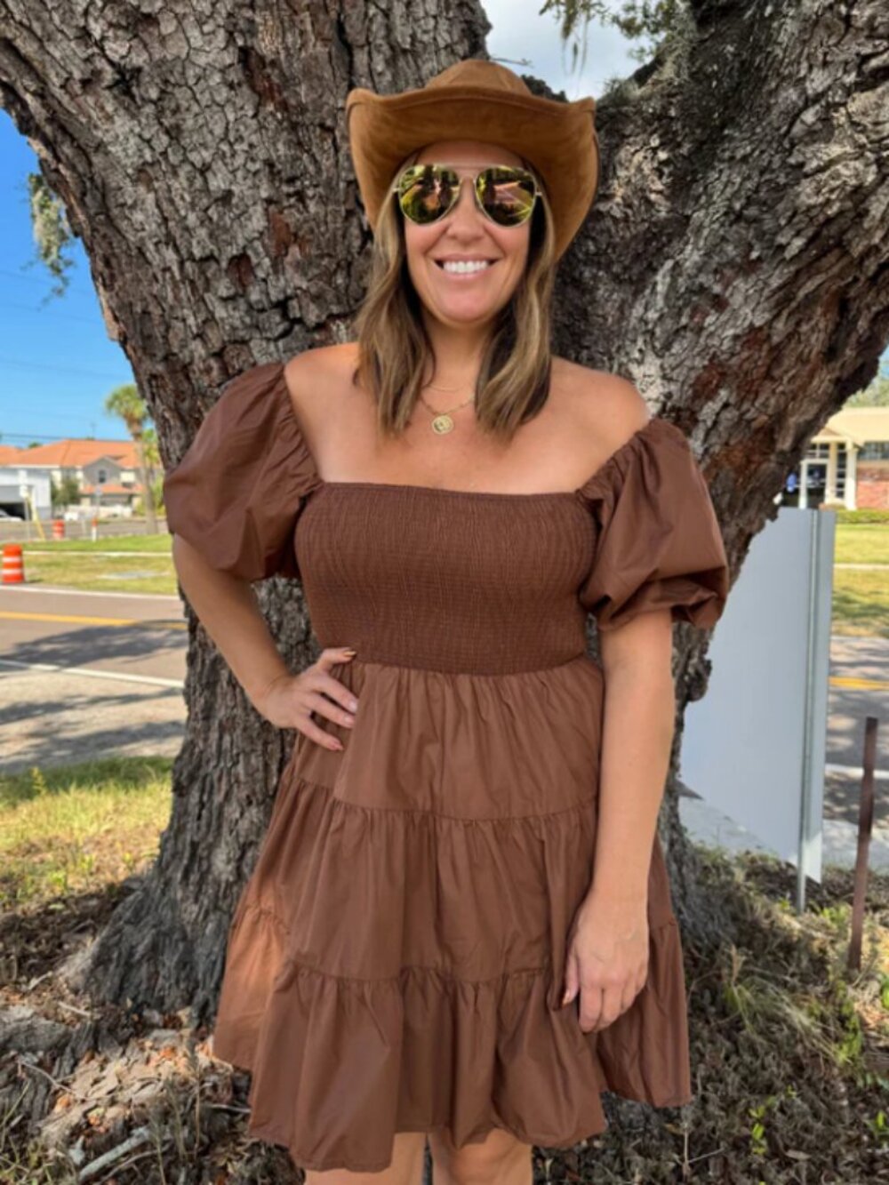 Entro Cocoa Brown Smocked Puff Sleeve Mini Dress NWT